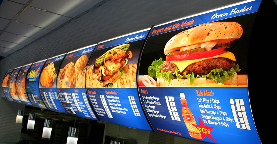 Fast food/chip shop menu boards, back lit inserts